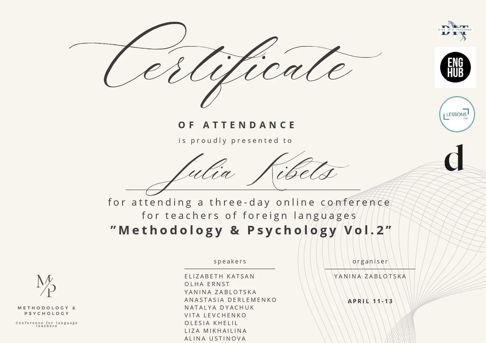 Certificate of Attendance &mdash; Methodology & Psychology Vol.2